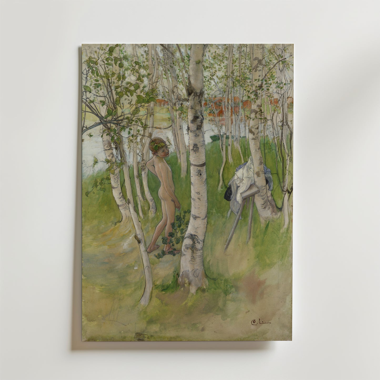 Bozetto "Carl Larsson Nude Boy among Birches Poster" visar en naken figur i den svenska naturen, med kläder på en gren, mjukt ljus och detaljerade björkar - en perfekt konstposter för konstälskare.