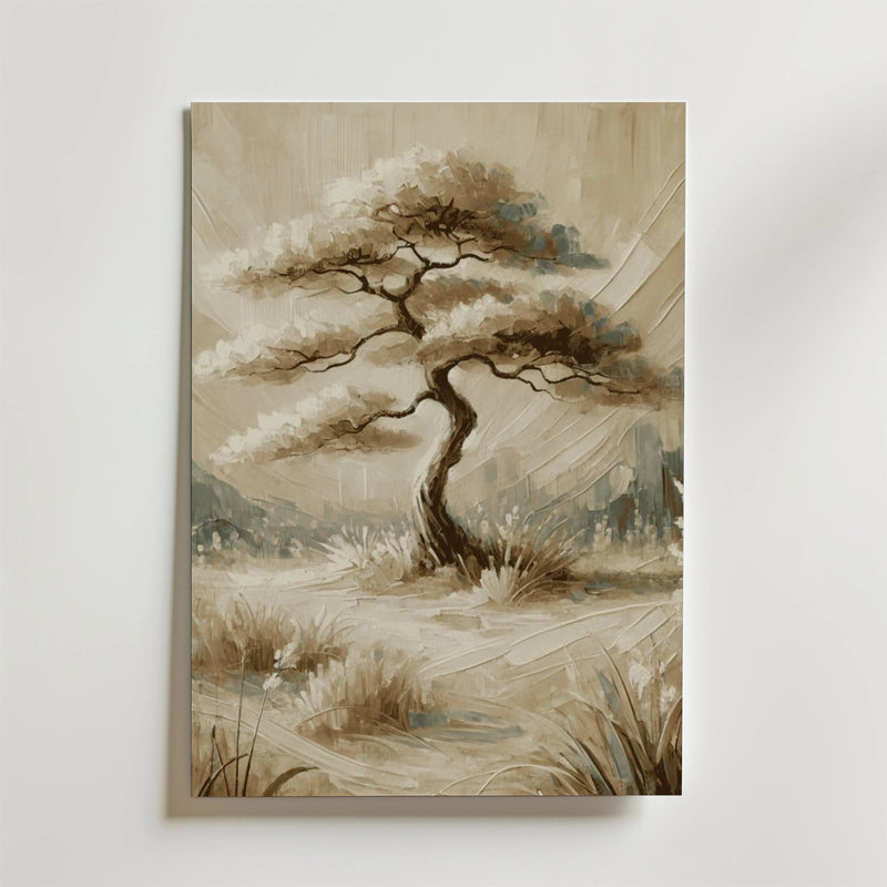 En sepiatonad Bozetto Serene Nature Tree Poster, med ett ensamt vridet träd med skira bladverk på gräs, målad med mjuka penseldrag, hänger på en vit vägg - tryckt på FSC-certifierat premiumpapper.