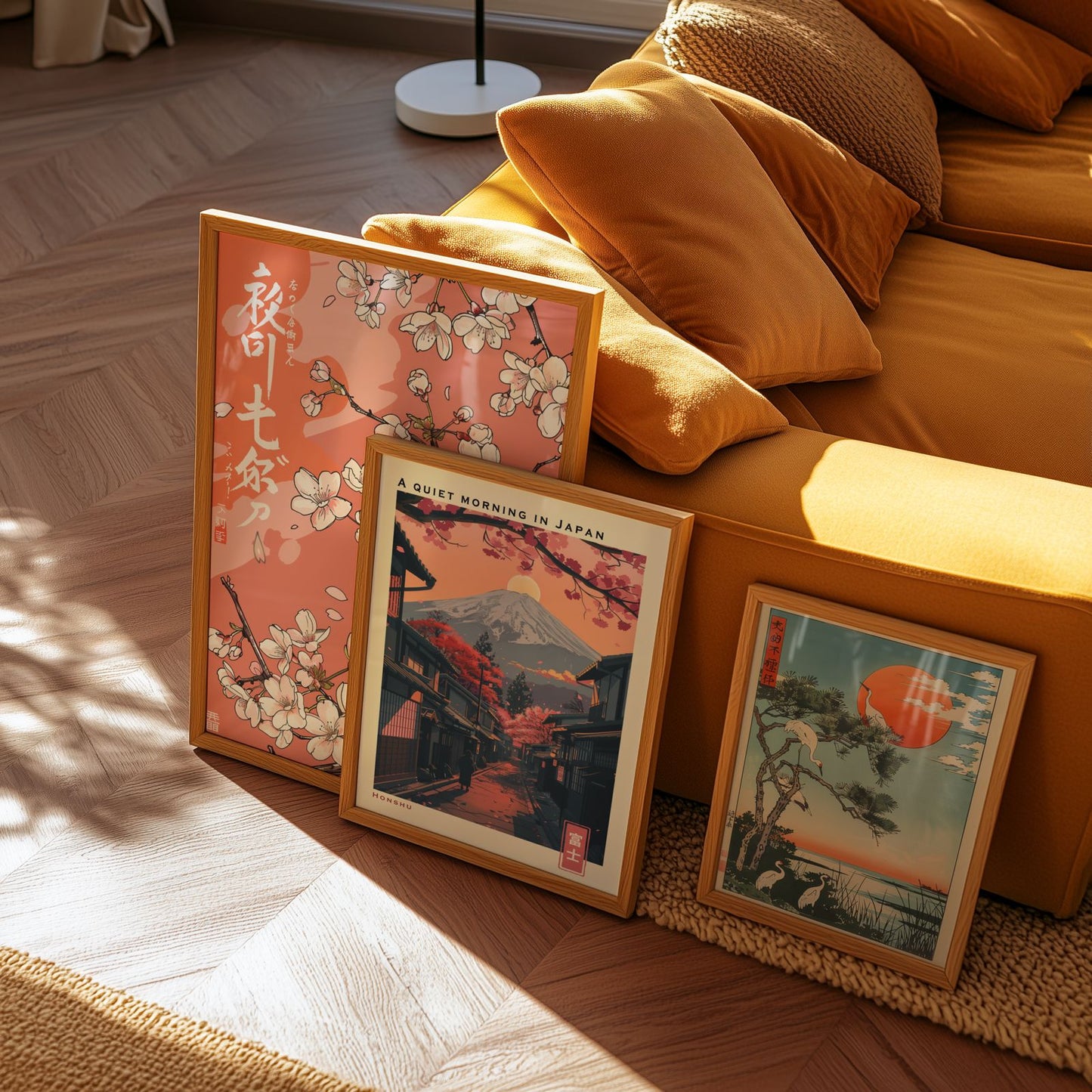 Tre inramade Bozetto "Bundle 3-pack Japandi No. 5"-affischer vilar mot en orange soffa på ett trägolv, med körsbärsblommor, Fuji-berget och en röd sol som strålar in i det varma solljuset.
