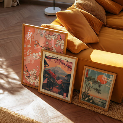 Tre inramade Bozetto "Bundle 3-pack Japandi No. 5"-affischer vilar mot en orange soffa på ett trägolv, med körsbärsblommor, Fuji-berget och en röd sol som strålar in i det varma solljuset.