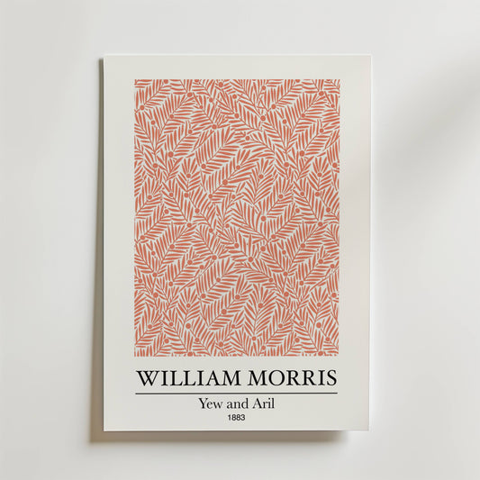 Bozetto William Morris Yew and Aril Poster har ett rött bladmönster med titel och undertext på en vit bakgrund, som förkroppsligar naturens rytm i sitt stilla mönster.