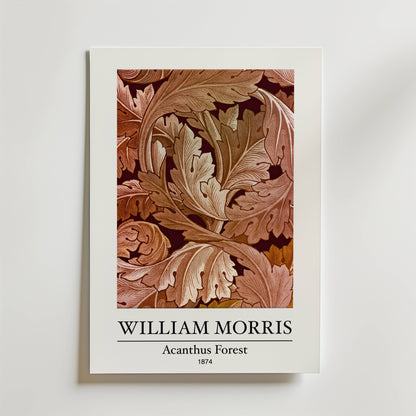 Bozetto William Morris Acanthus Forest Poster har ett intrikat akantusbladsmönster och ett vackert naturmotiv mot en ren vit bakgrund.