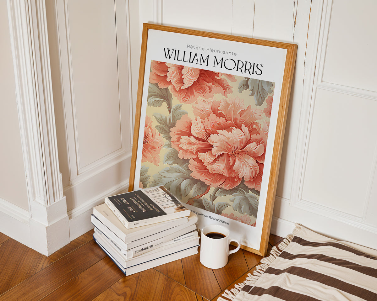 Mockup av William Morris Coral Peony affisch på vägg – köp enkelt hos Bozetto i hög kvalitet