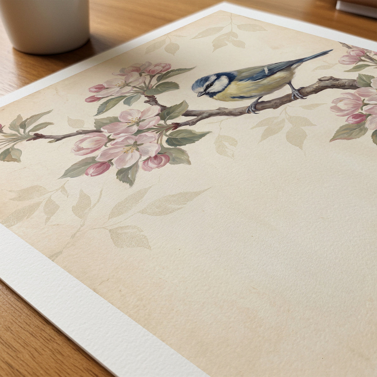 William Morris Blue Tit in Apple Blossom Poster – närbild på papper