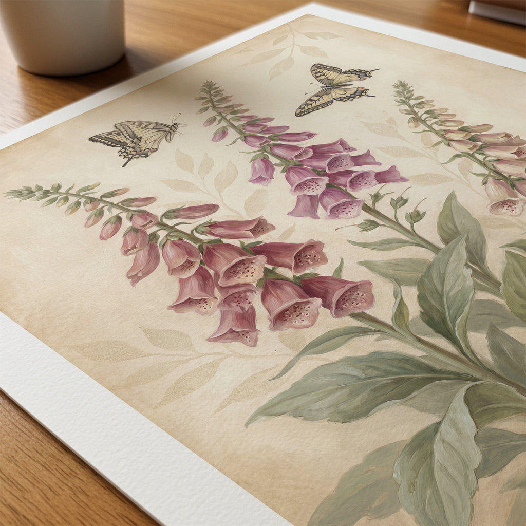 William Morris Foxgloves and Swallowtails Poster – närbild på papper