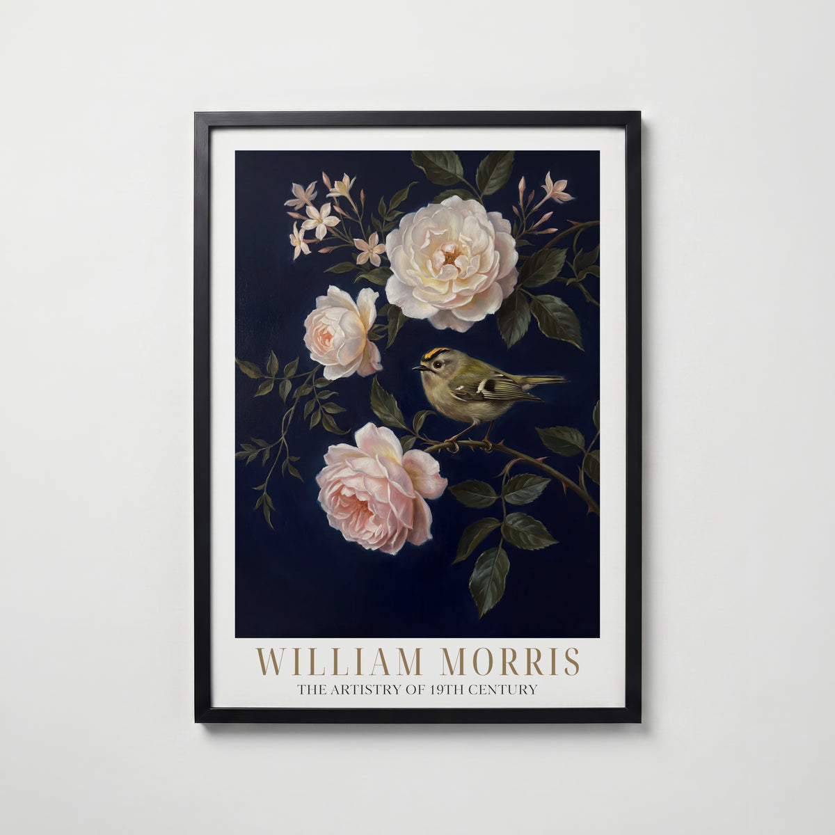 William Morris Goldcrest in Midnight Roses Poster – svart ram