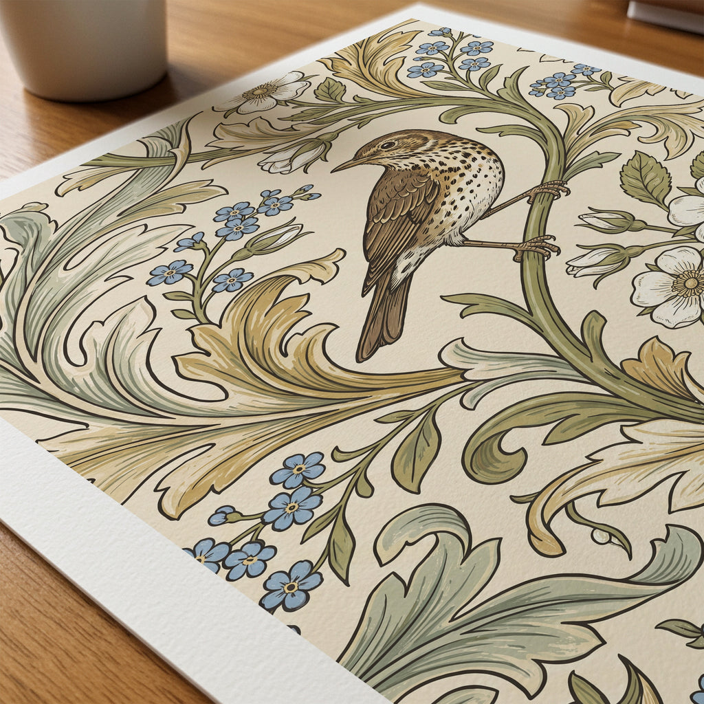 William Morris Song Thrush Woodblock Poster – närbild på papper