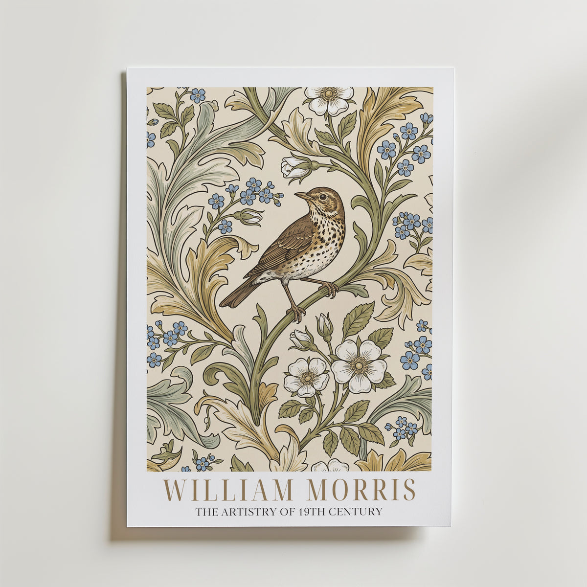 William Morris Song Thrush Woodblock Poster – med passepartout