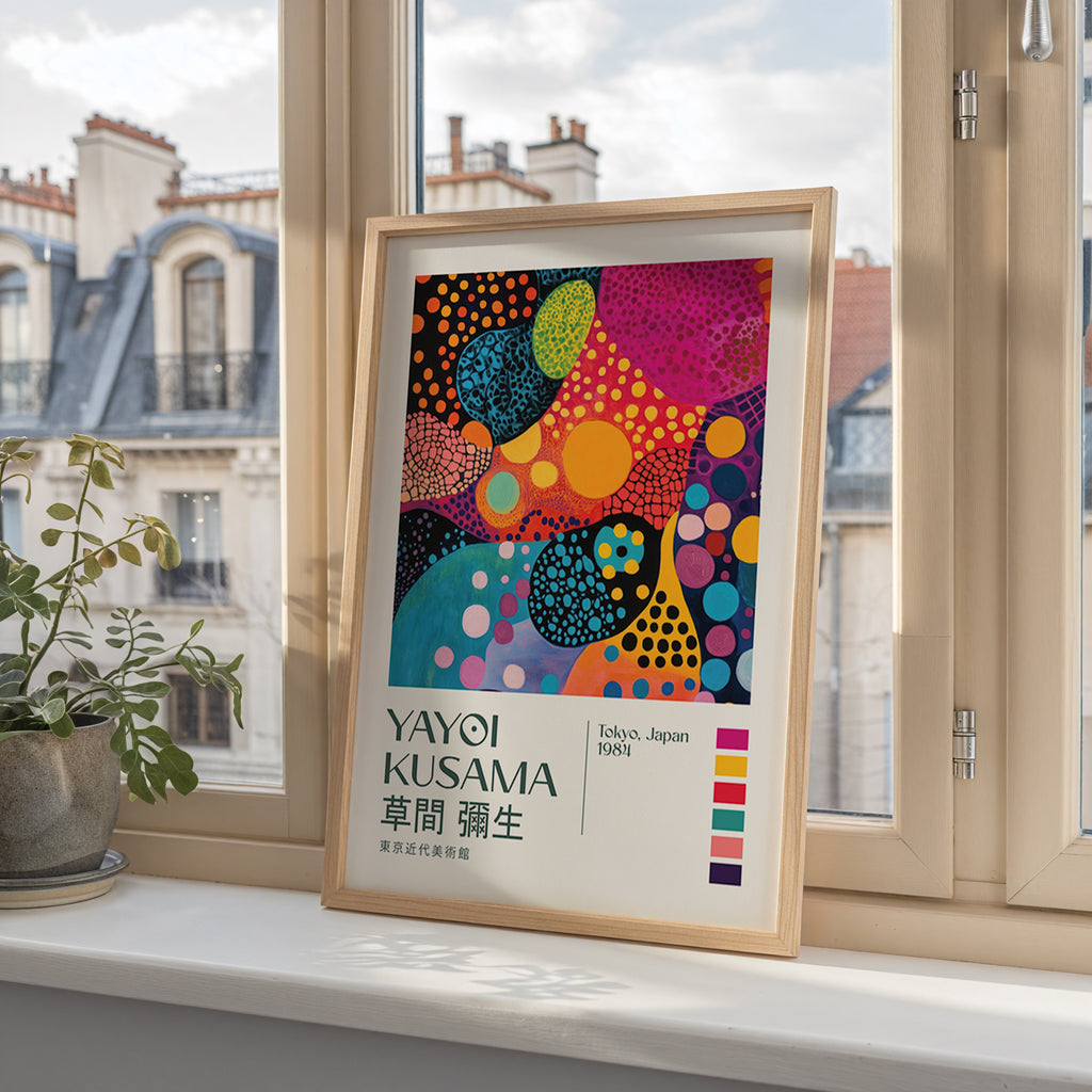 Yayoi Kusama Cosmic Polka – stilfullt konsttryck från Bozetto, tryckt på matt finpapper