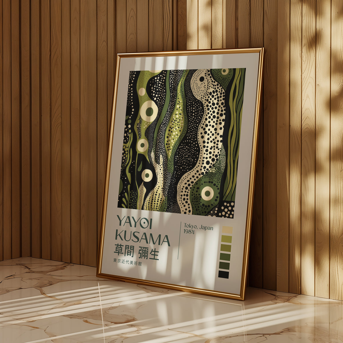 Väggmockup med Yayoi Kusama Emerald Reverie – köp enkelt hos Bozetto affisch i hög kvalitet