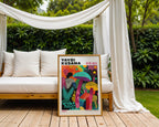 Yayoi Kusama Mushroom Garden poster visualiserad på vägg – från Bozetto i hög kvalitet