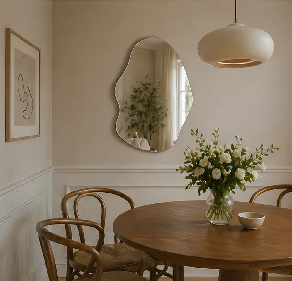Asymmetrisk speil på en lys vegg over et rundt trebord med hvite blomster