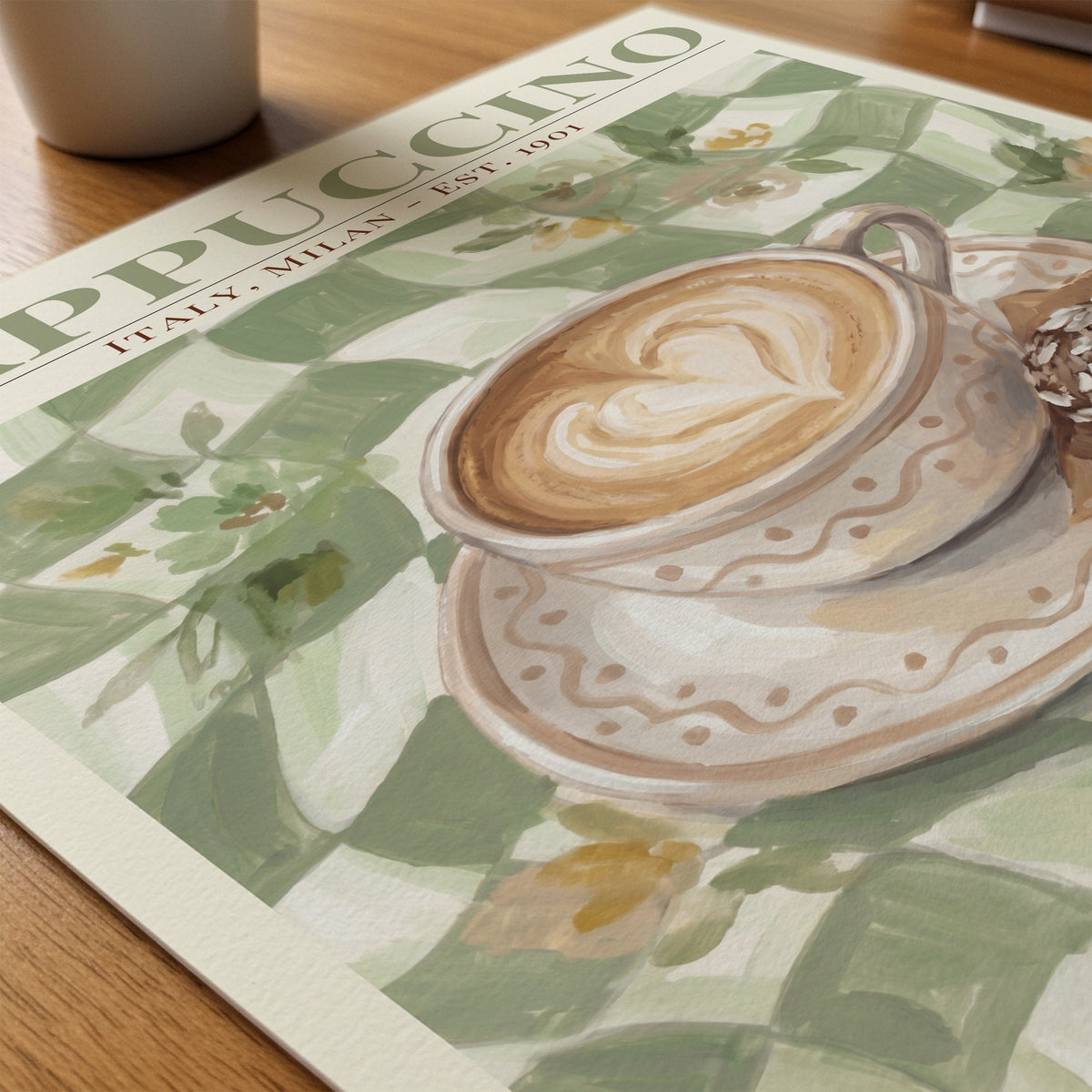 Cappuccino poster på skrivbord – Bozetto konsttryck på matt finpapper i hög tryckkvalitet