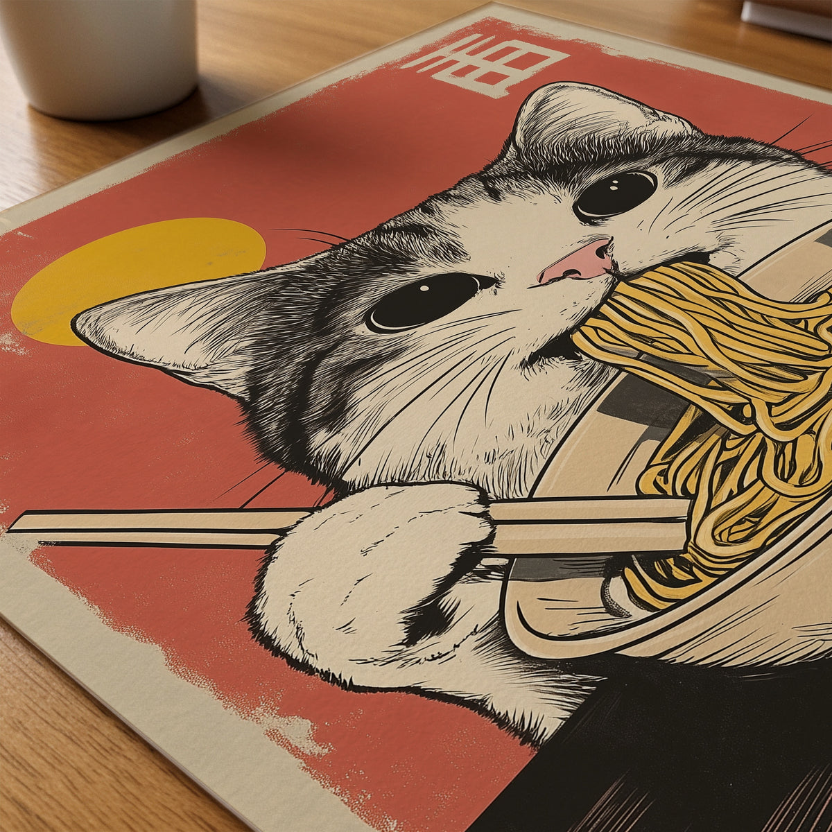 Cat Eats Noodle poster liggande på skrivbord – Bozetto paper on desk i hög tryckkvalitet