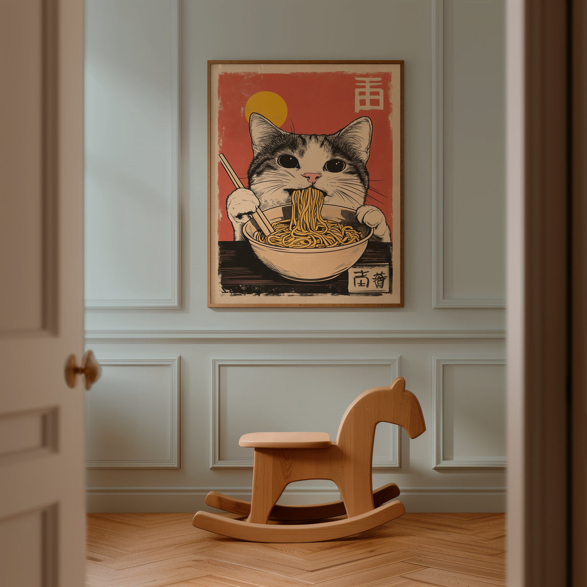 Cat Eats Noodle affisch i inramad miljö på vägg – Bozetto poster i hög tryckkvalitet