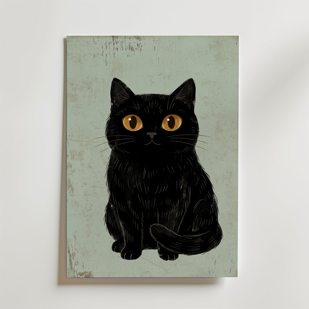 Curious Cat Poster, naivistisk svart katt med stora gula ögon som canvastavla, väggkonst från Bozetto