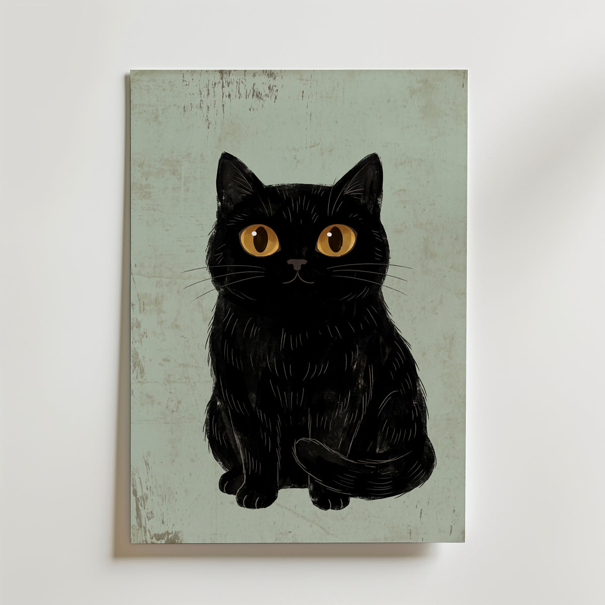 Curious Cat Poster, naivistisk svart katt med stora gula ögon som canvastavla, väggkonst från Bozetto