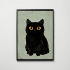 Curious Cat Poster, naivistisk svart katt med stora gula ögon i svart ram, konsttryck från Bozetto