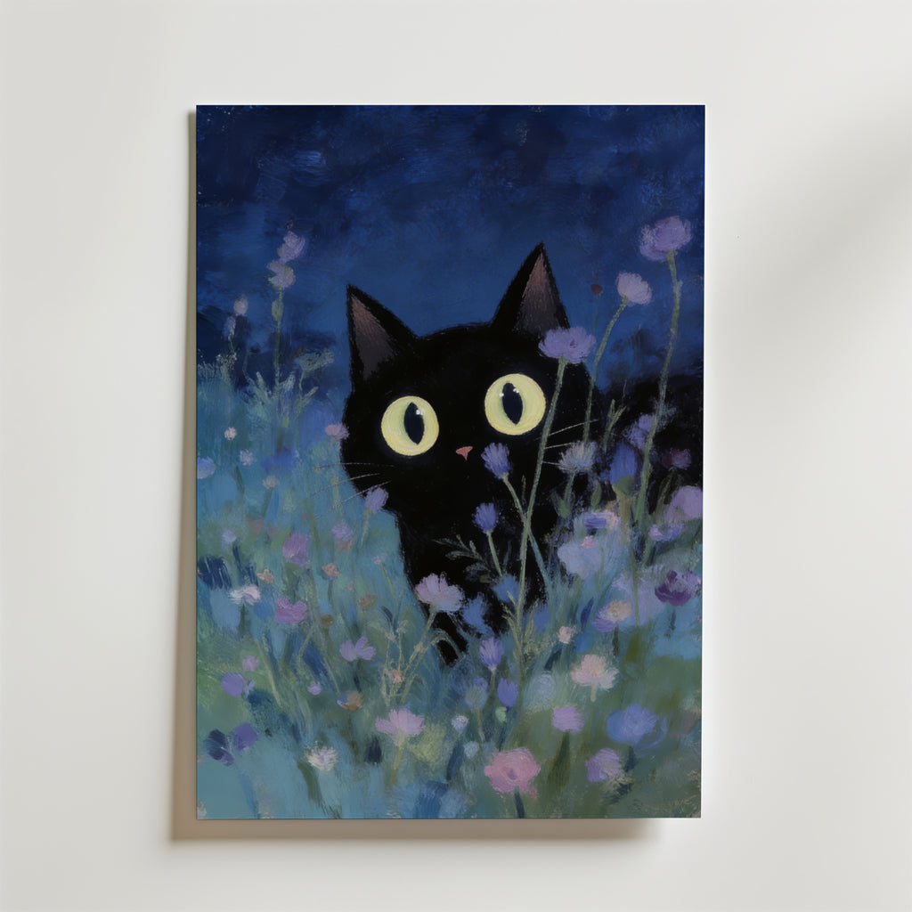 Night Whisper Cat – stilfullt konsttryck från Bozetto, tryckt på matt finpapper i hög tryckkvalitet