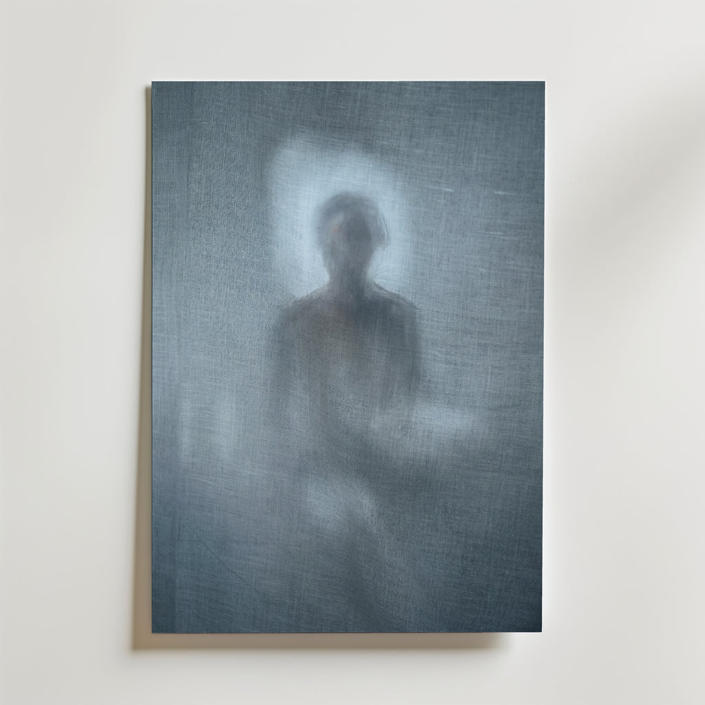 Linen Veil Poster, drömsk siluett bakom slöjlinne i blågrått, tryckt i Sverige