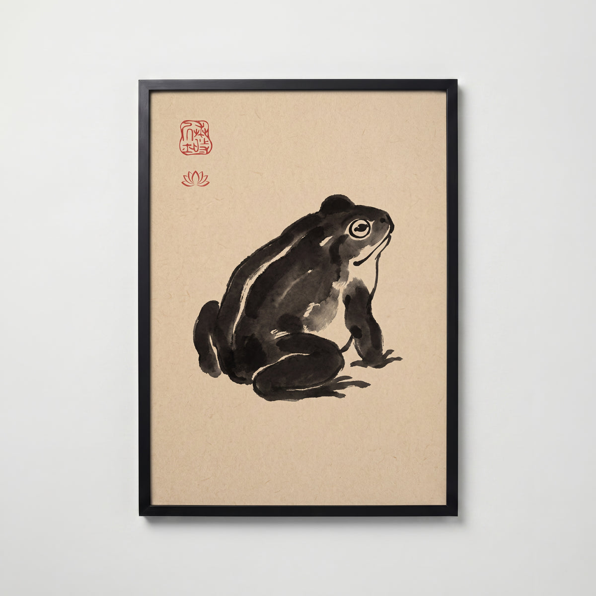 Ink Frog Poster i svart träram, minimalistisk japansk bläckkonst