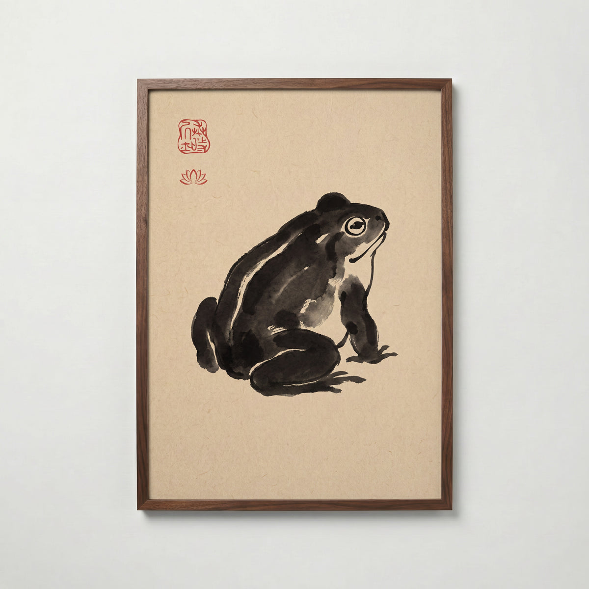 Ink Frog Poster i valnötsram, lugn groda i sumi-e från Bozetto