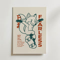 Kickflip Fox Poster – skateboardåkande räv i teal och terrakotta närbild, tryckt i Sverige