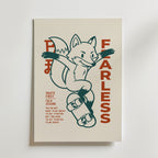 Kickflip Fox Poster – skateboardåkande räv i teal och terrakotta närbild, tryckt i Sverige