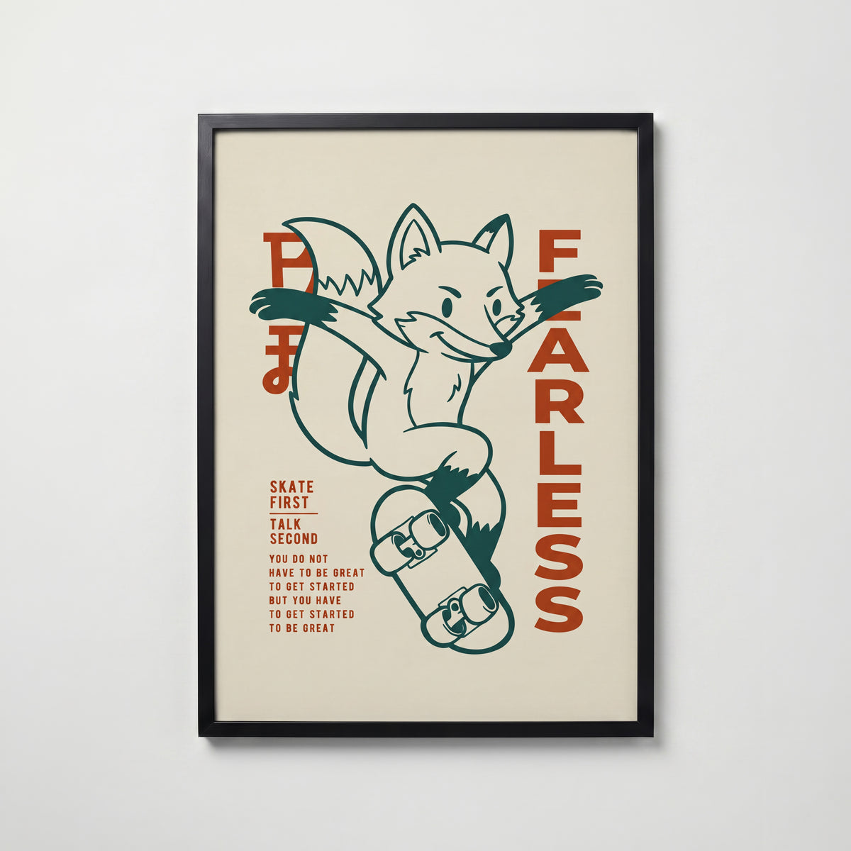 Kickflip Fox Poster – skateräv i svart ram, tryckt i Sverige