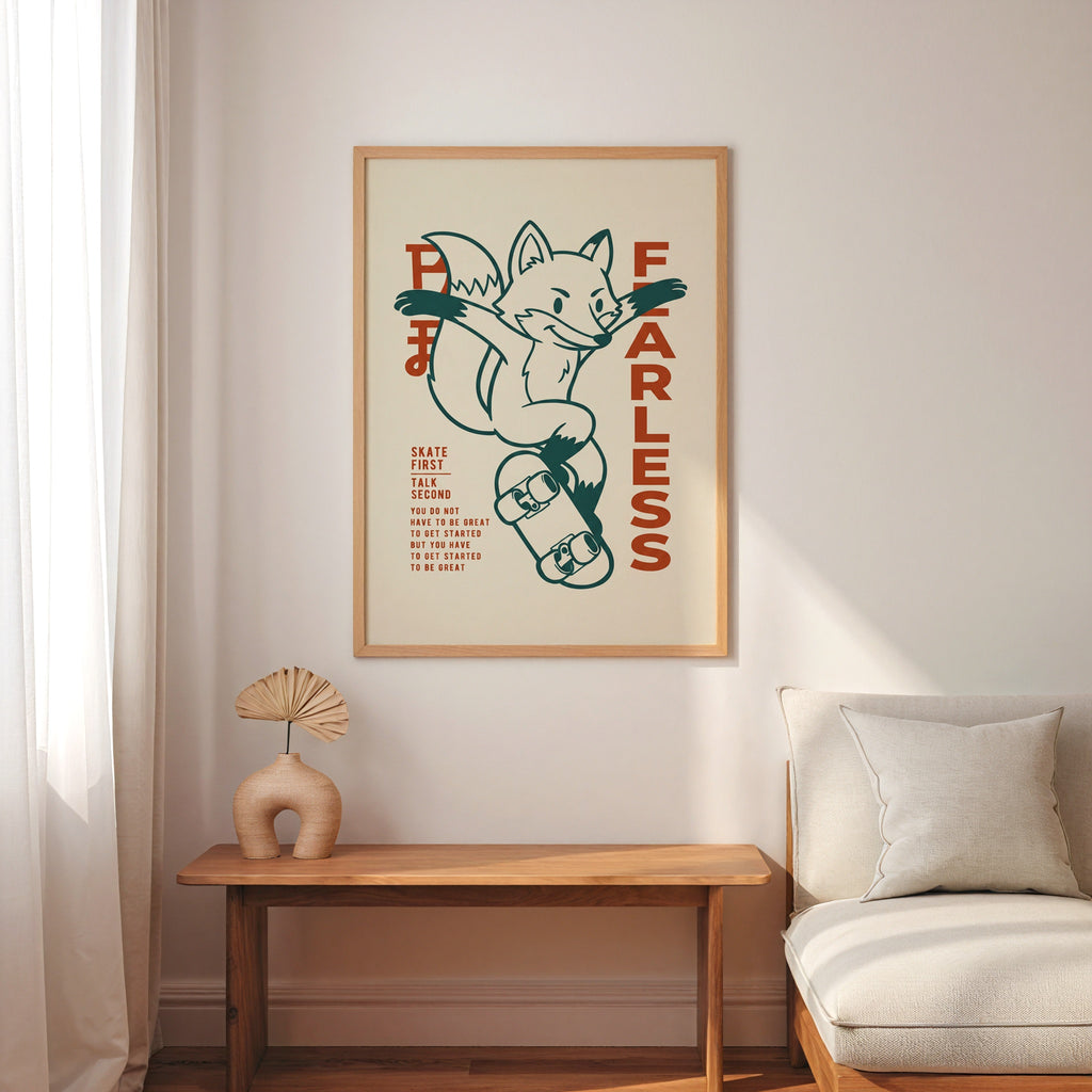 Kickflip Fox Poster – rävtavla i stilren interiör, fri frakt över 499 kr