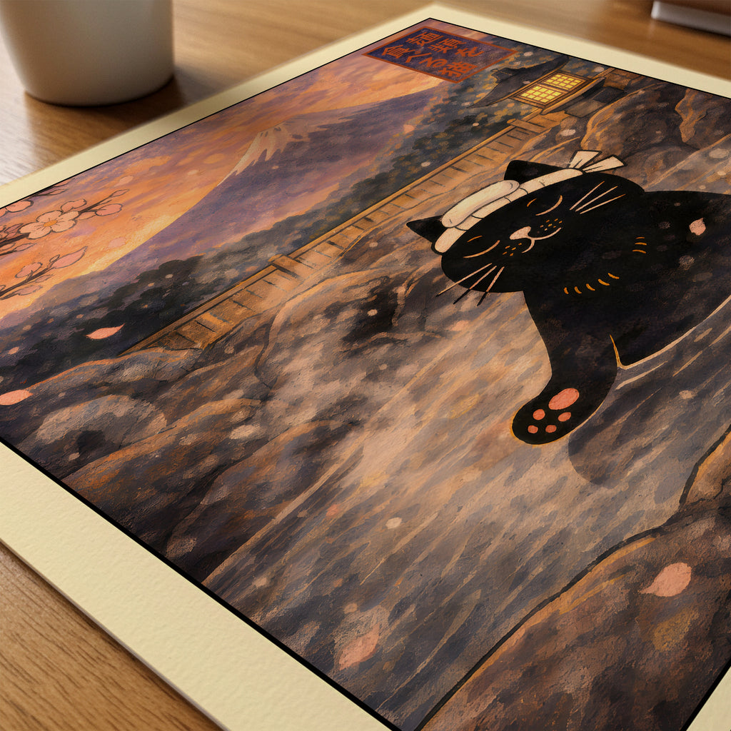 Kuro Neko Sakura Onsen Cat Poster som print på skrivbord – Bozetto