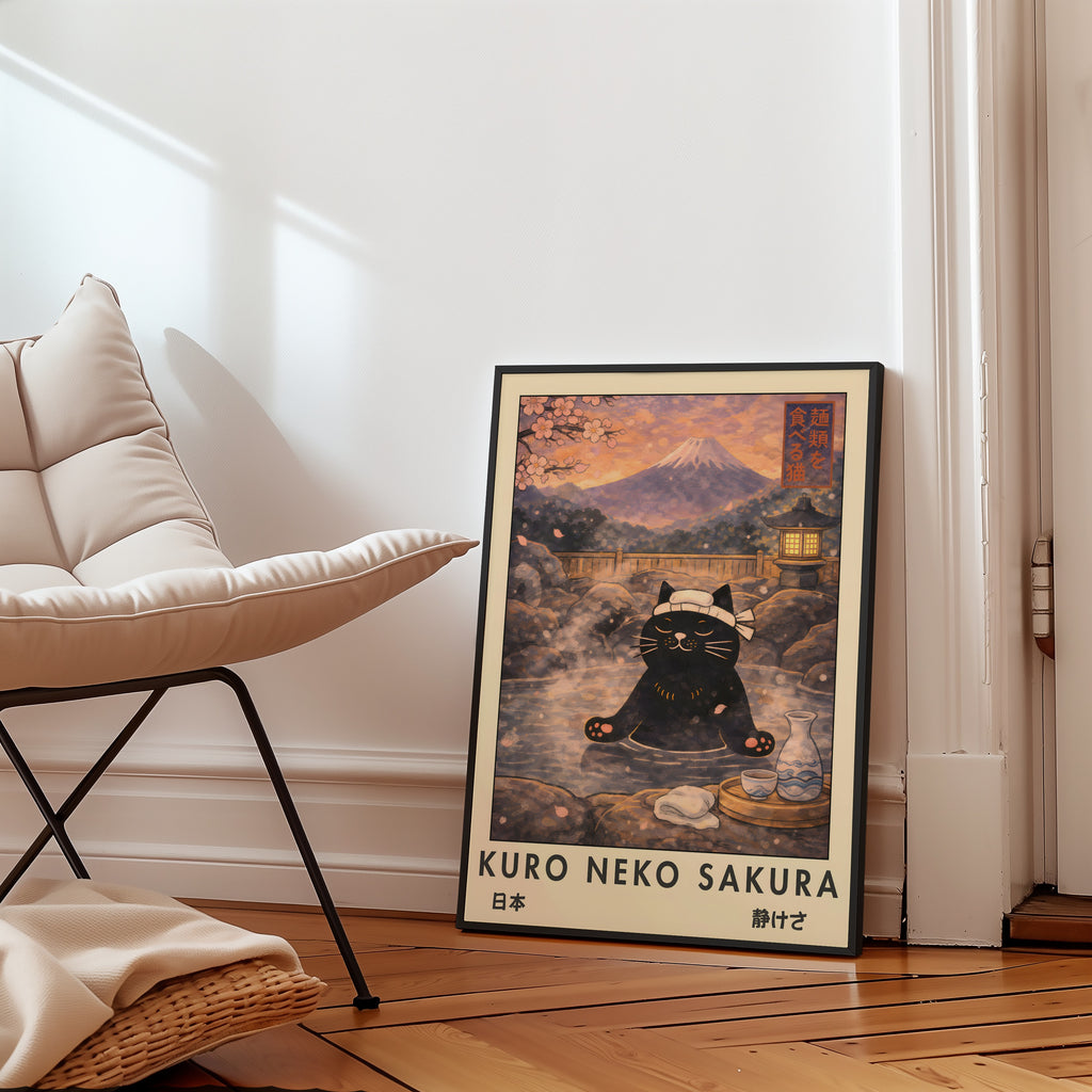 Kuro Neko Sakura Onsen Cat Poster på vägg i hem – Bozetto