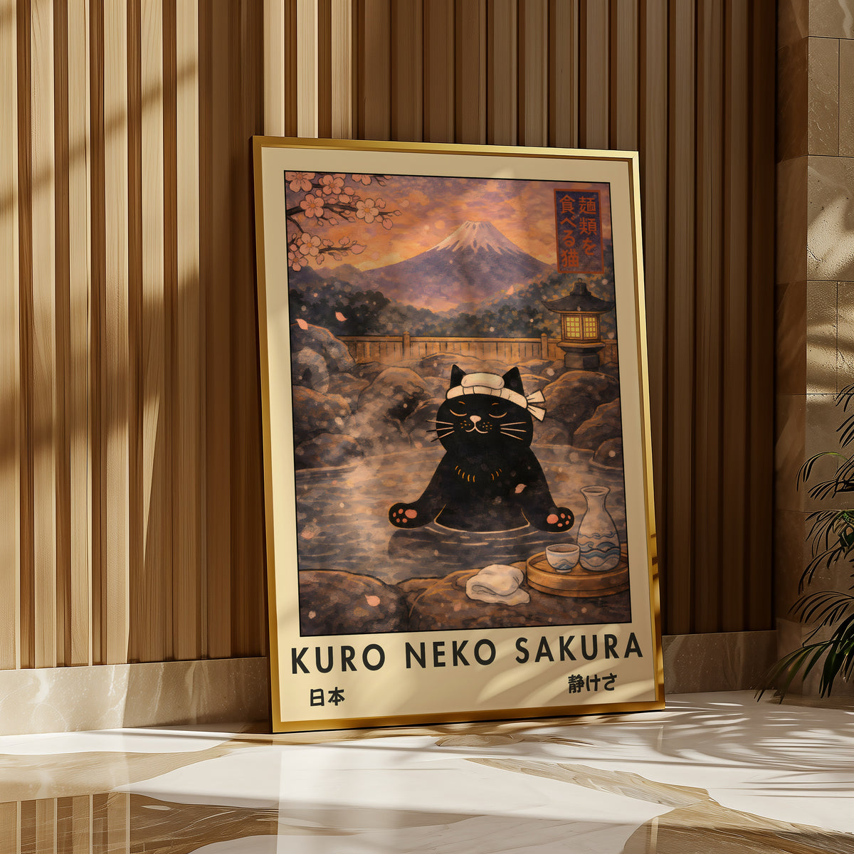 Kuro Neko Sakura Onsen Cat Poster i stilren miljö – Bozetto