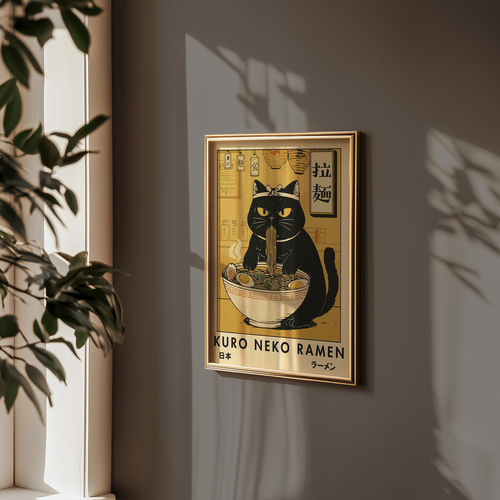 Kuro Neko Ramen Cat poster på vägg i hemmiljö – Bozetto