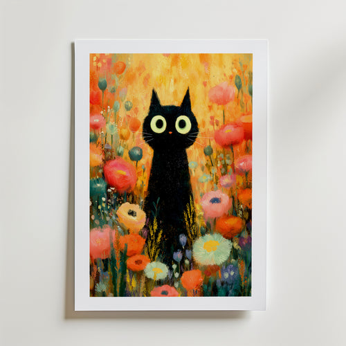 Midnight Bloom Cat Poster – med passepartout
