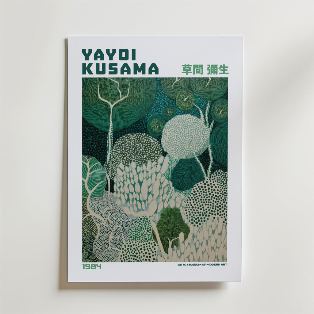 Mockup av Yayoi Kusama Emerald Canopy affisch på vägg – köp enkelt hos Bozetto i hög kvalitet