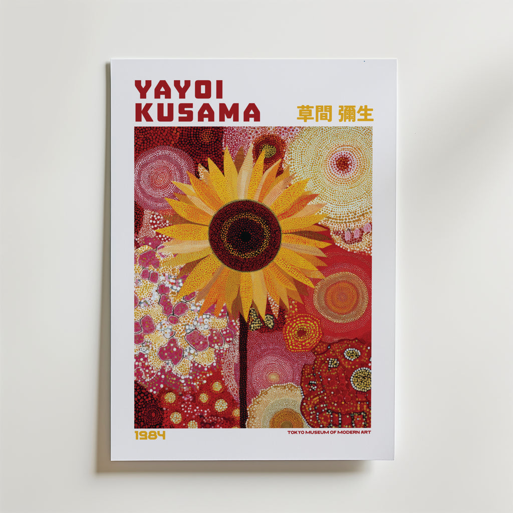 Mockup av Yayoi Kusama Sunflower Dots affisch på vägg – köp enkelt hos Bozetto i hög kvalitet