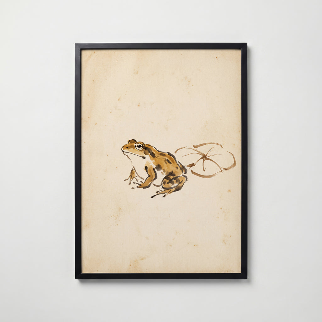 Ochre Zen Pond Poster i svart ram med dämpad sumi-e i ockra och sepia