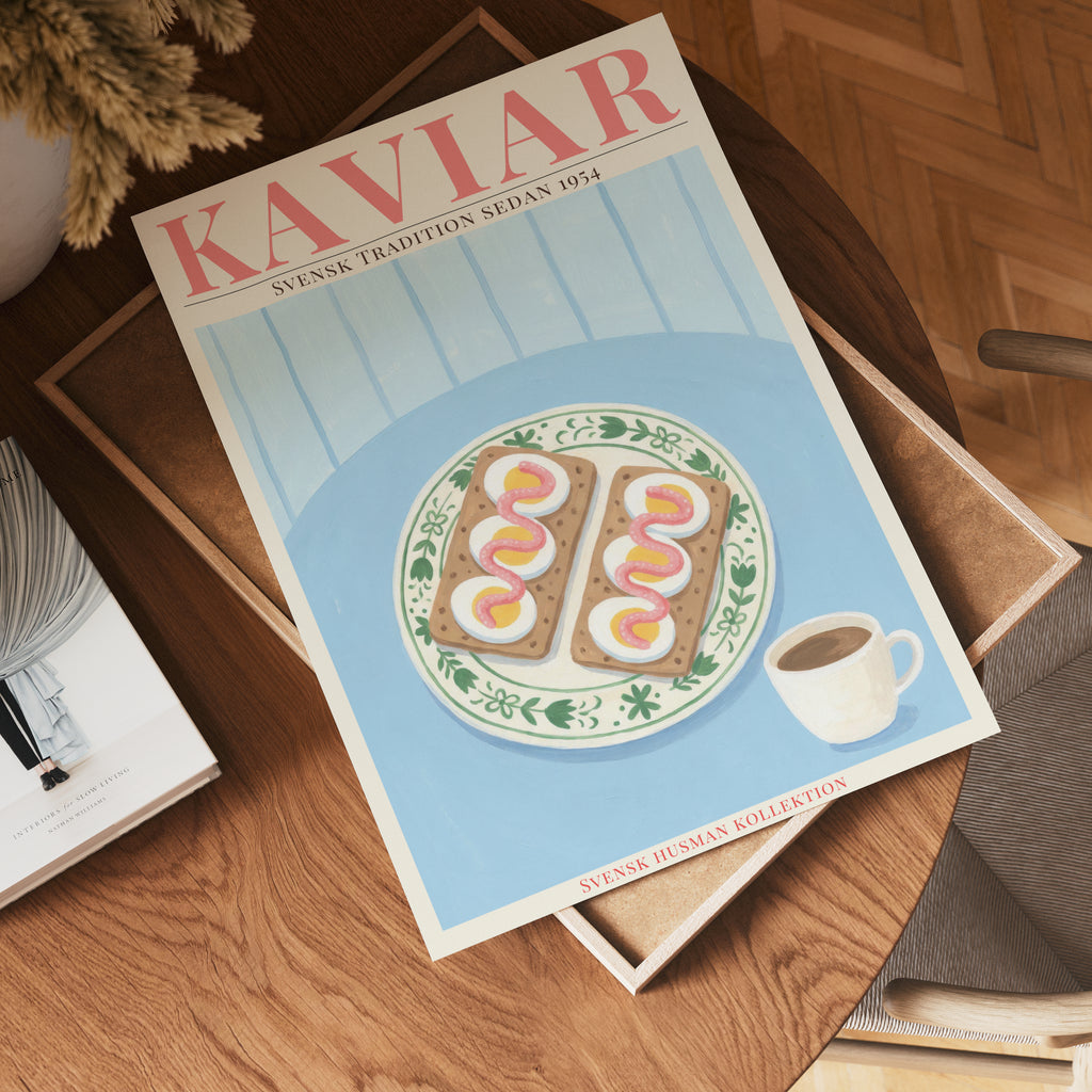 Kaviar Knäckebröd och Ägg affisch på vit bakgrund – köp enkelt hos Bozetto i hög kvalitet
