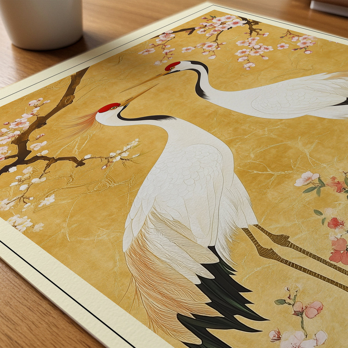 Oriental Crane Garden poster på skrivbord, paper_desk – Bozetto