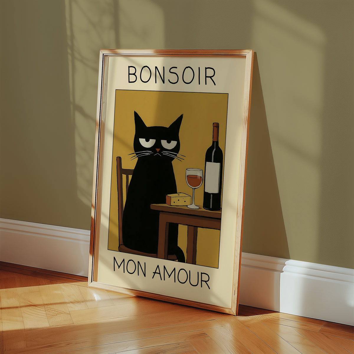 Midnight Wine Cat poster i inramad miljö – Bozetto konsttryck i hög kvalitet