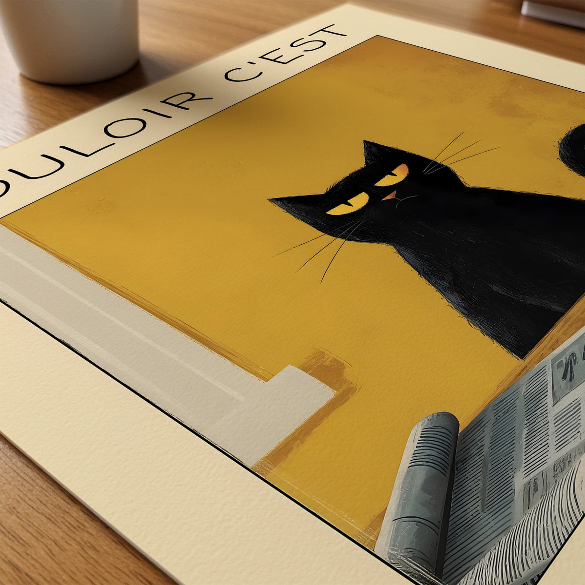 Morning Authority Cat konsttryck på skrivbord – Bozetto poster i hög kvalitet