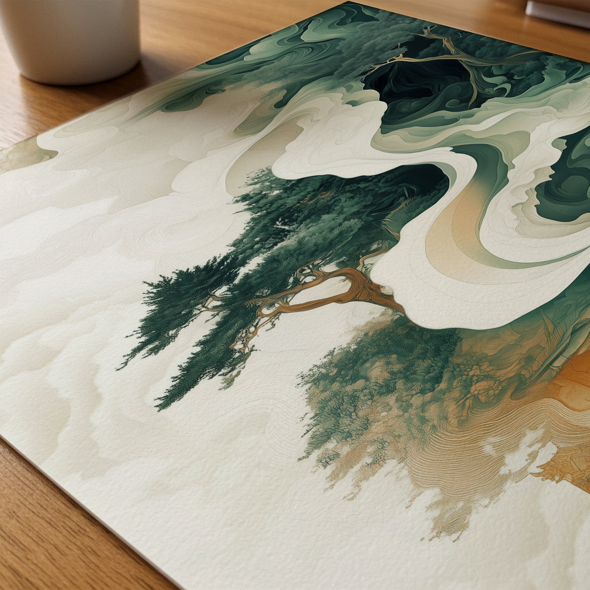Whispers of the Ancient Forest poster på skrivbord, paper on desk – Bozetto