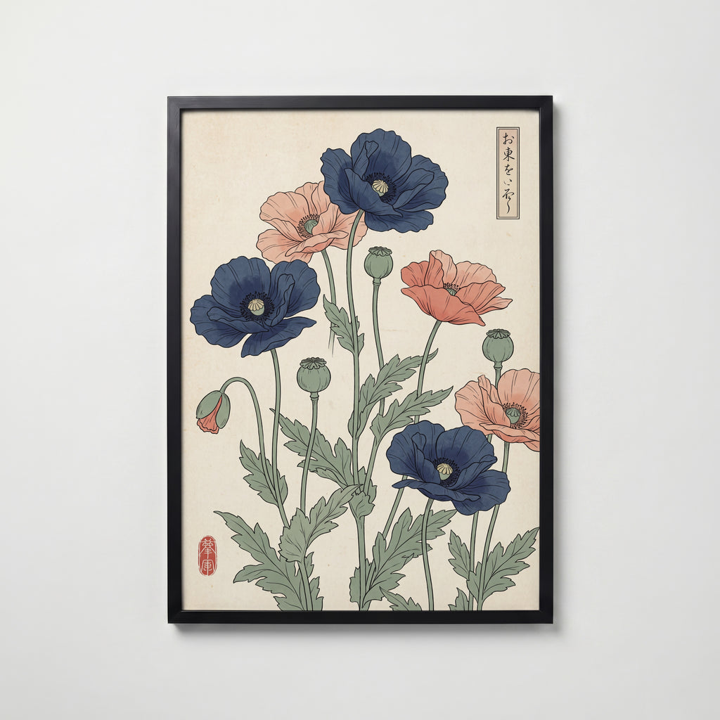 Indigo Poppies Poster – svart ram