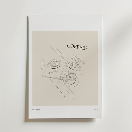Bozetto Minimal frukostaffisch: En stilren kökstavla med illustration av en croissant på servett, sked, kaffekopp och krukväxt samt texten COFFEE? på neutral bakgrund.