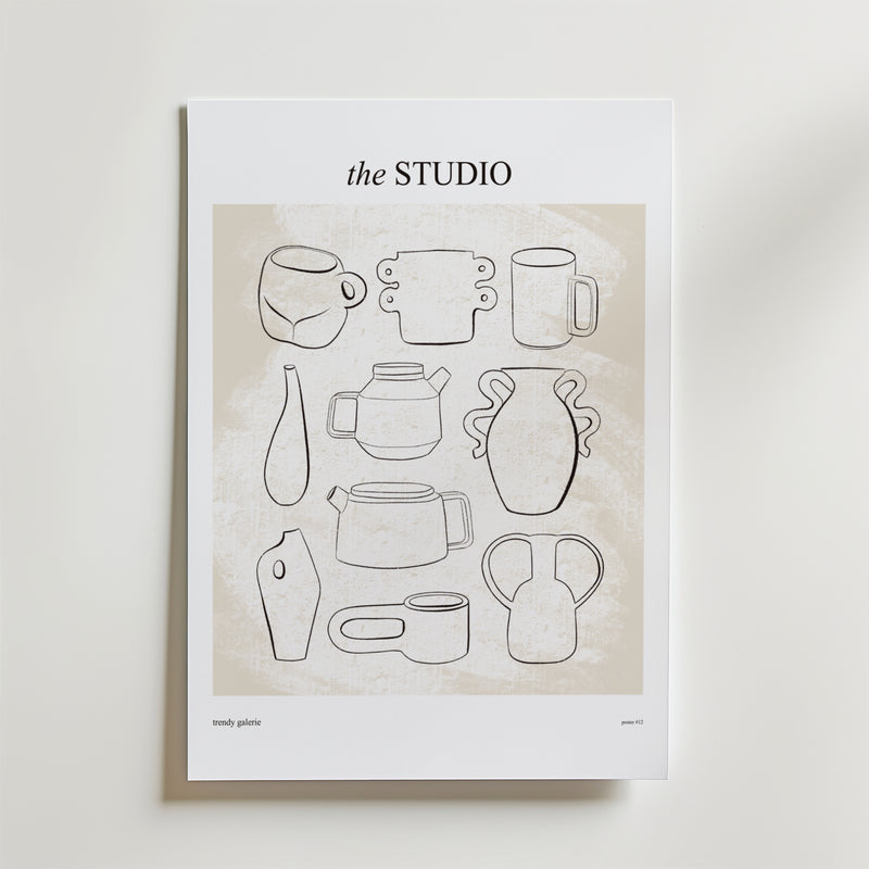 Vessels And Vision Poster by Bozetto visar minimalistisk line art av abstrakta keramiska vaser och muggar, elegant arrangerade på en texturerad neutral bakgrund.