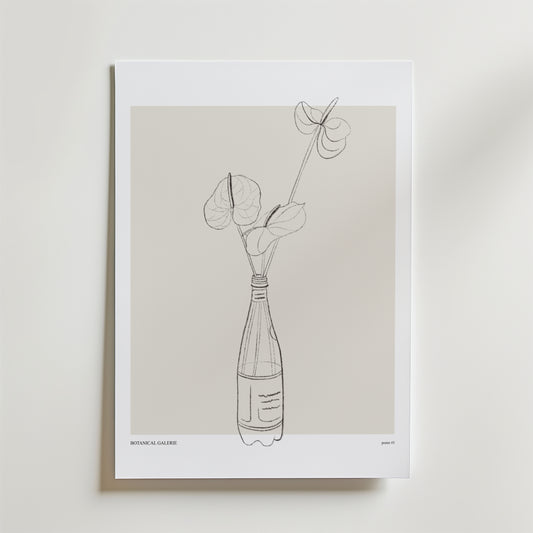 En minimalistisk linjeteckning av blommor i en flaska på en vit bakgrund med en mjuk beige kvadrat. Den eleganta Bloom Against Norms Poster by Bozetto är signerad längst ner till vänster.