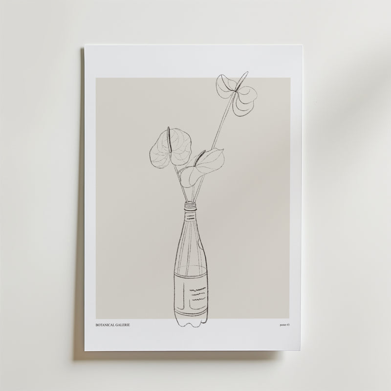 En minimalistisk linjeteckning av blommor i en flaska på en vit bakgrund med en mjuk beige kvadrat. Den eleganta Bloom Against Norms Poster by Bozetto är signerad längst ner till vänster.