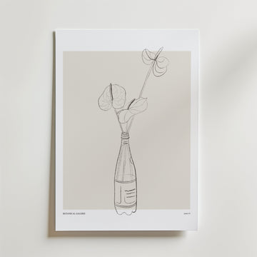 En minimalistisk linjeteckning av blommor i en flaska på en vit bakgrund med en mjuk beige kvadrat. Den eleganta Bloom Against Norms Poster by Bozetto är signerad längst ner till vänster.