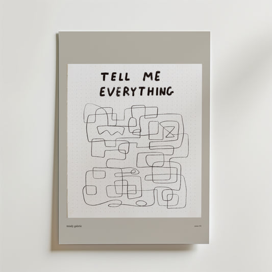 Maze Of Truths Poster by Bozetto har "TELL ME EVERYTHING" i handskriven text, med abstrakta svarta linjer och rektanglar på en vit prickig bakgrund, inramad i ljusgrått, som förkroppsligar ärlighet.